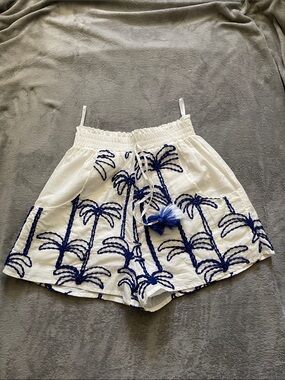 LACE The Label White Blue Embroidered Palm Tree Tassel Shorts M